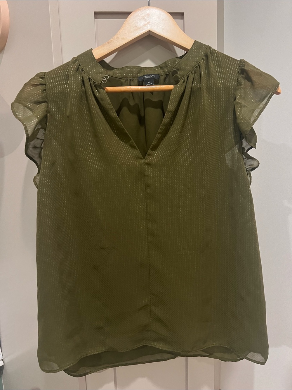 Ann Taylor Factory Olive Green Flutter Sleeve V-Neck Blouse
